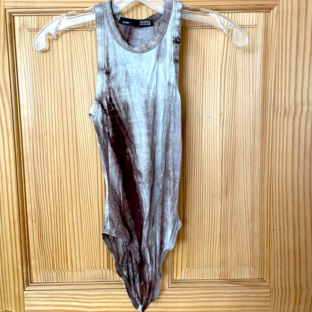 Distressed brown tie-dye bodysuit
